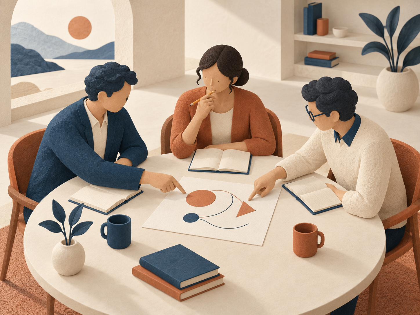 共学与共创概念插画：同伴围桌分享想法