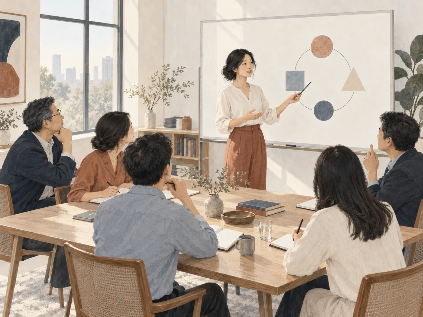 听讲与思考概念插画:成人学员在小型课堂中聆听讲授、记录笔记,交流自己的疑问