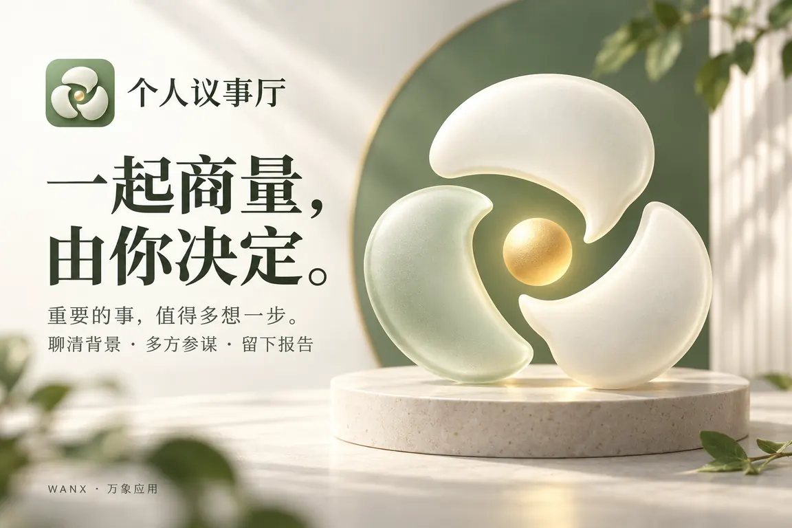 个人议事厅产品概念海报：一起商量，由你决定。